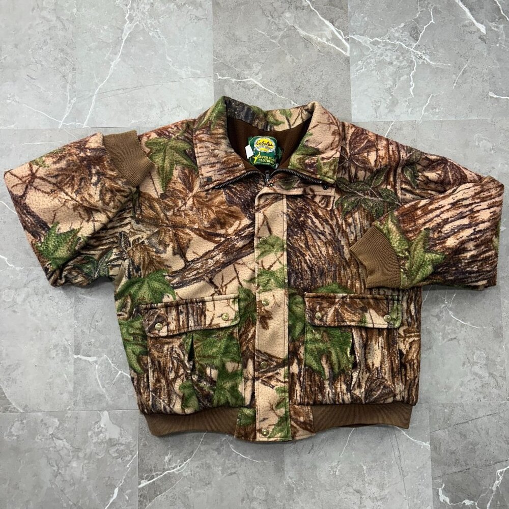 VINTAGE CABELAS FLEECE BOMBER‎ JACKET MENS LARGE HEAVYWEIGHT REALTREE CAMO HUNT